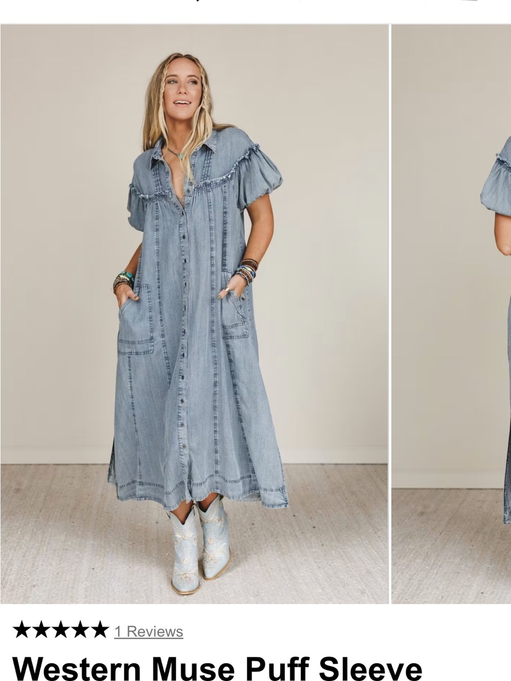 Puff Sleeve Maxi Shirt Dress in Light Denim Blue